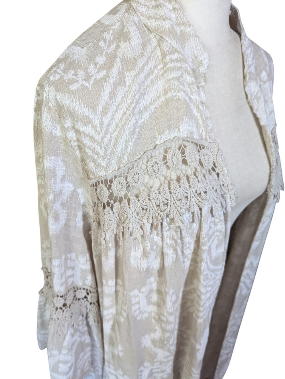 Cotton Bell Sleeves Crochet Inlays Cream Lightweight Flowy Open Duster Boho XL - Picture 3 of 11